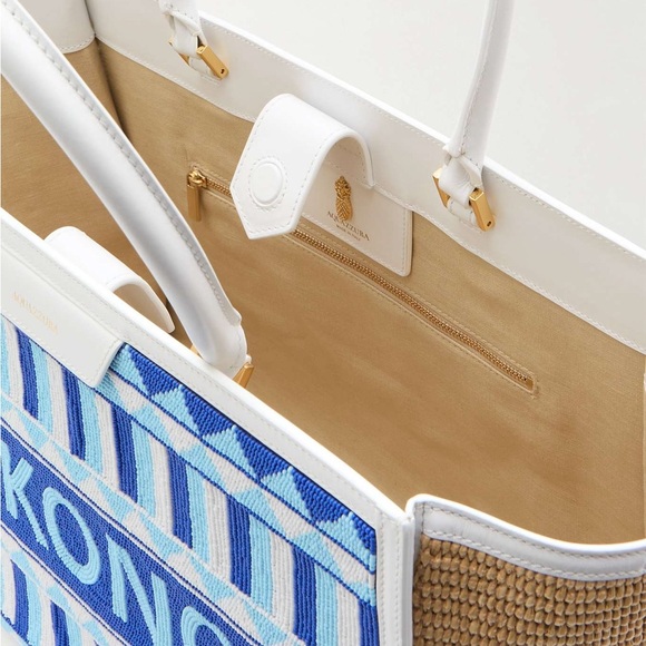 Like New AQUAZZURA Mykonos leather-trimmed beaded raffia tote $1,750 - Picture 5 of 12